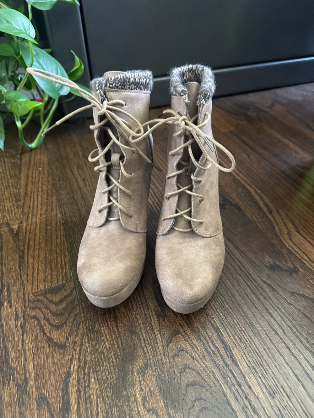 Women's Taupe Faux Suede Lace-Up Ankle Boots with Knit Cuff